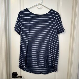 Pink Clover Women's Navy Blue and White Striped Button Back Detail Shirt Large